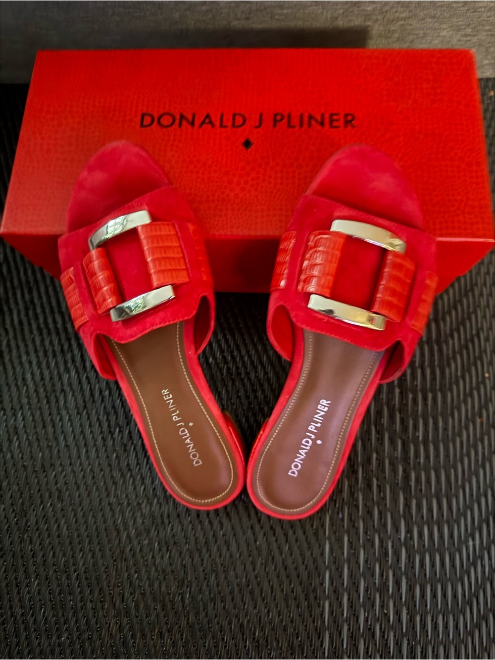 Donald J Pliner Red Suede Slide Mules with Metallic Buckle